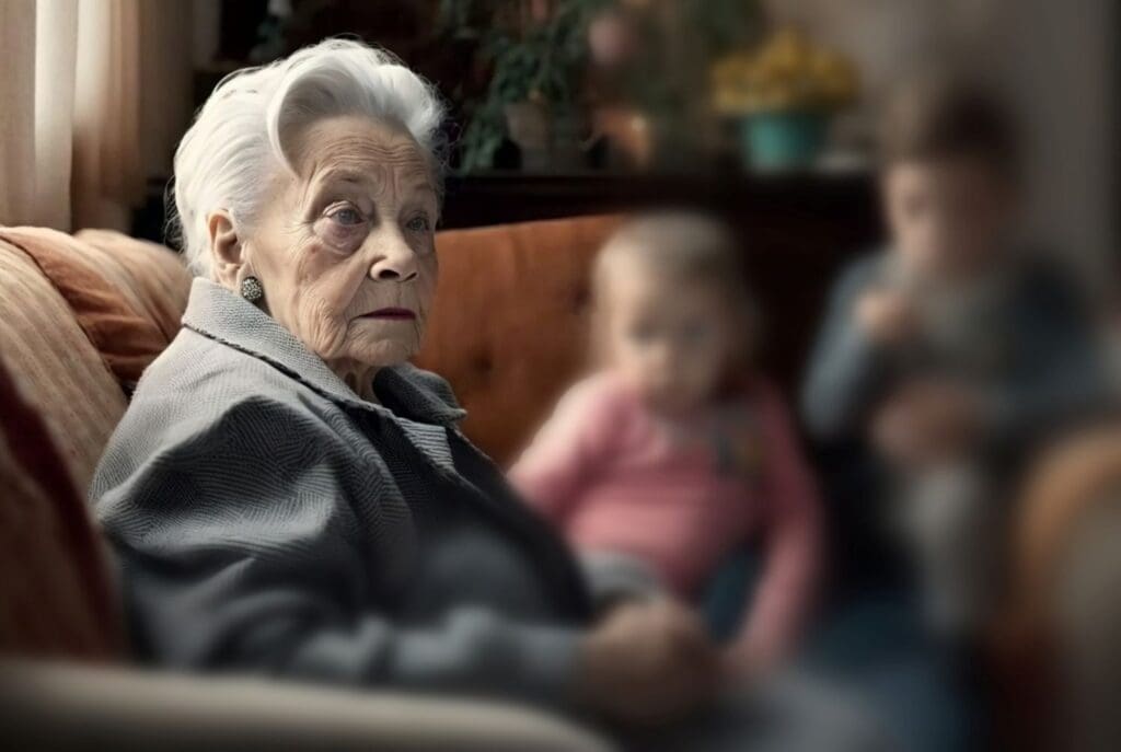 older parent suffering from alzheimer's with young children in the background to explain the challenges of being a sandwich generation caregiver.