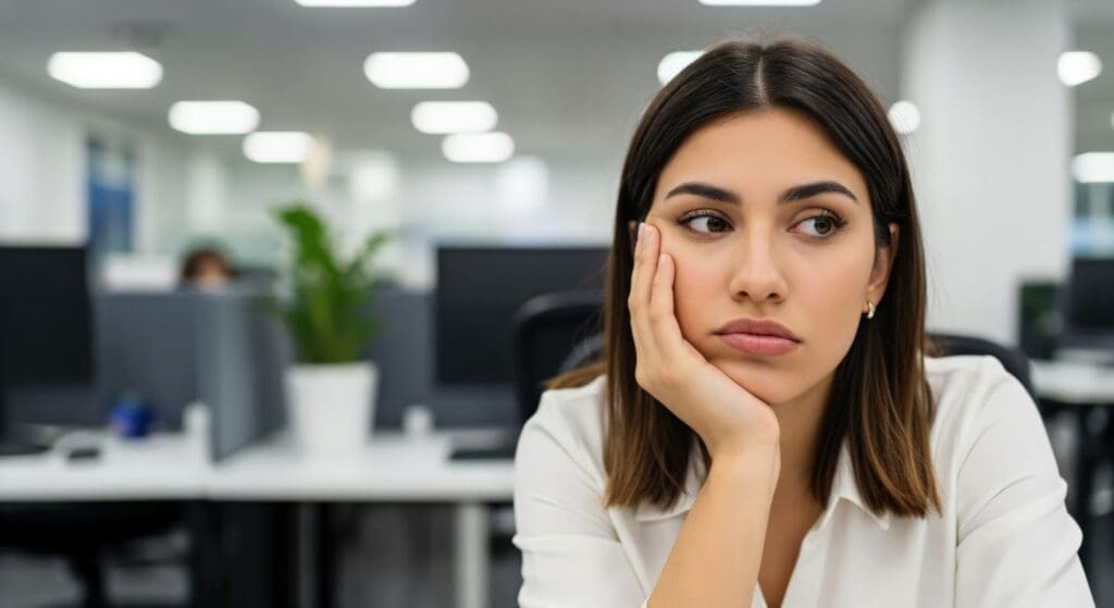 Professional woman sitting at her desk appearing frozen and uncertain, illustrating the workplace freeze response addressed through leadership training by Ginny Estupinian, PhD